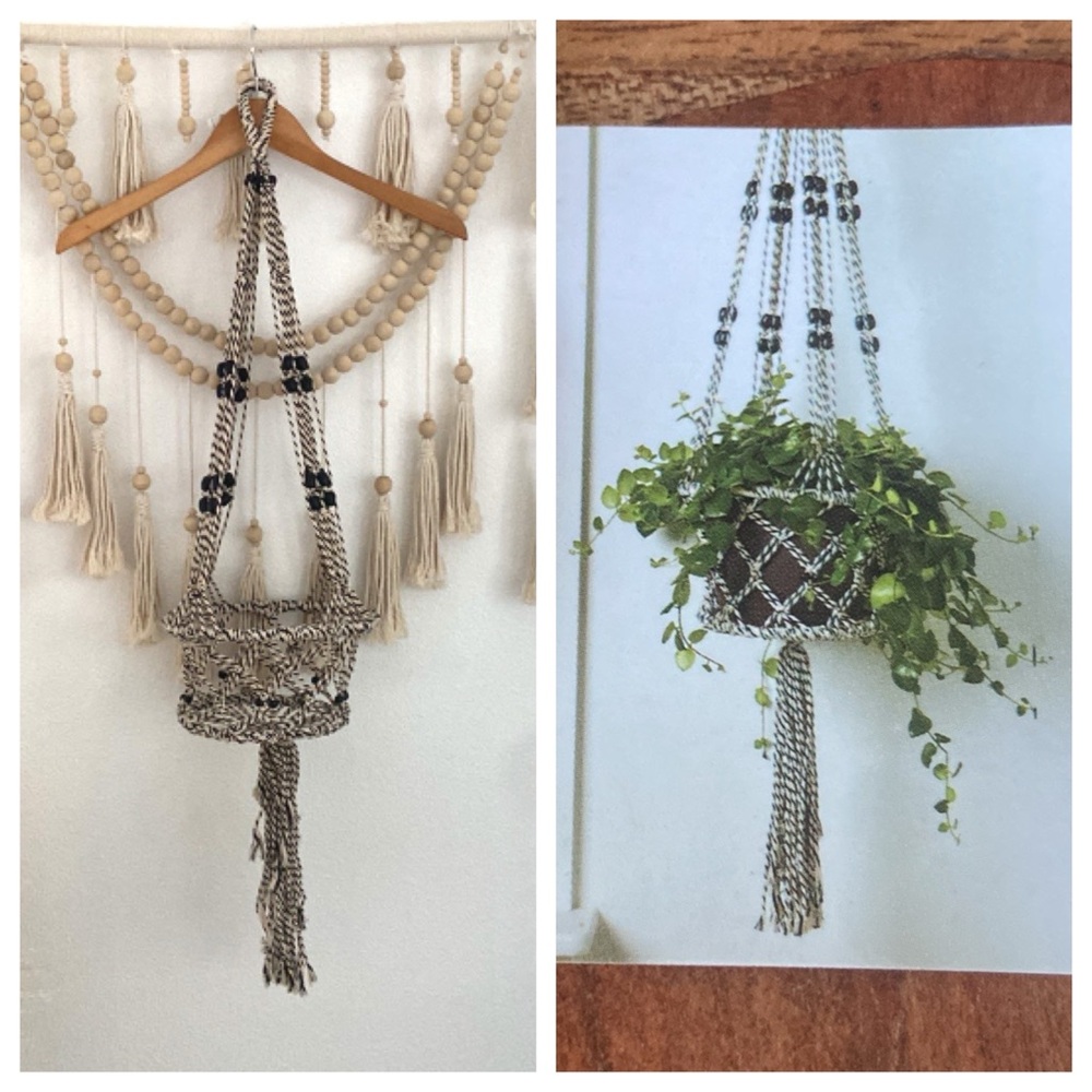 Handmade macrame plant holder woven hanging planter cream black beaded boho home